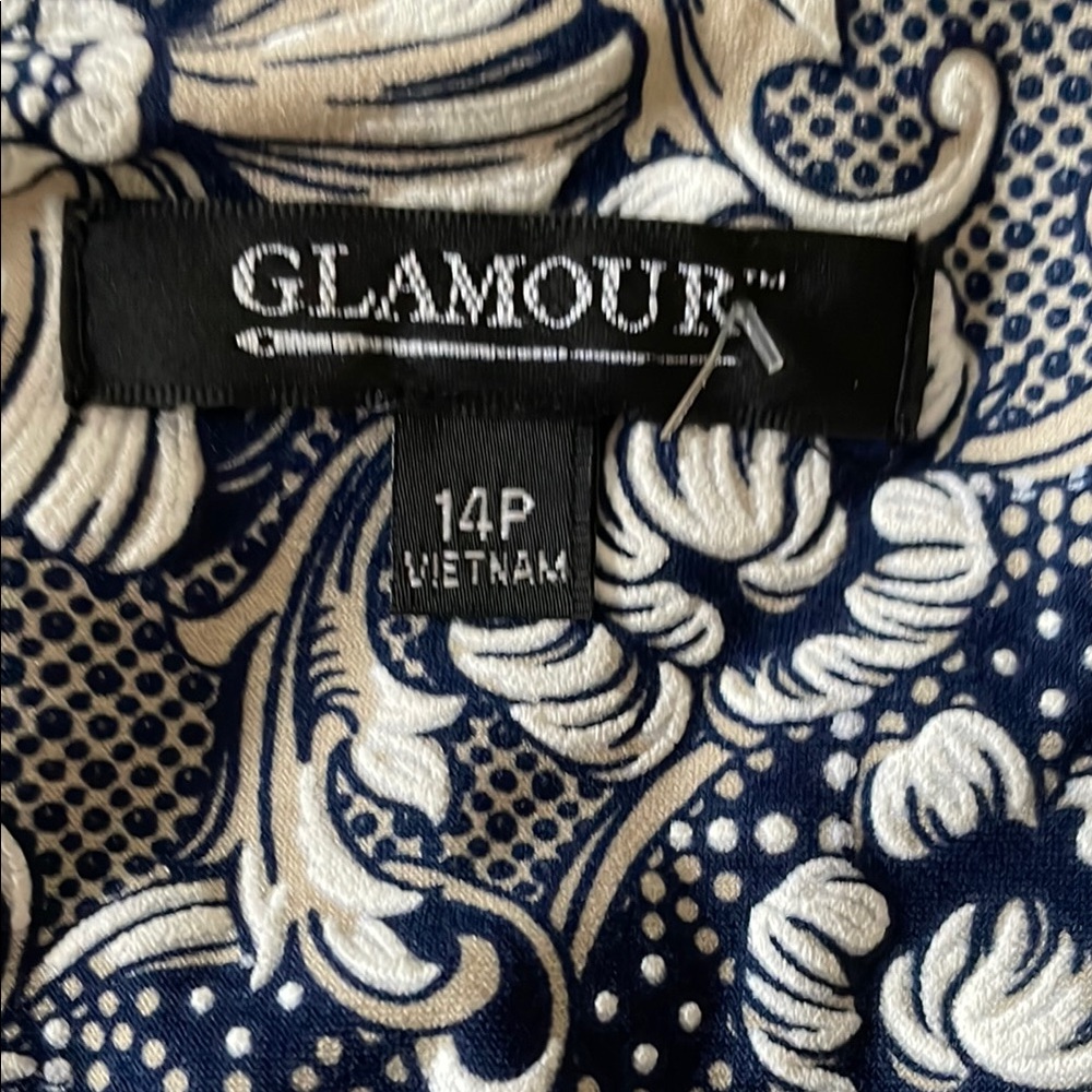Glamour Dress Women Size 14P Navy Gray White Print Slim Cut Trumpet Sleeves - Picture 3 of 11